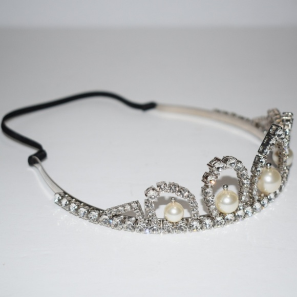 Miu Miu Silver Tone Pearl & Crystal Headband Tiara - Picture 2 of 6